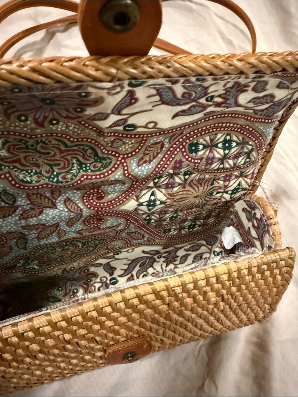 Woven Ratan Crossbody Bag with Tan Leather Trim and top handle - Picture 2 of 5